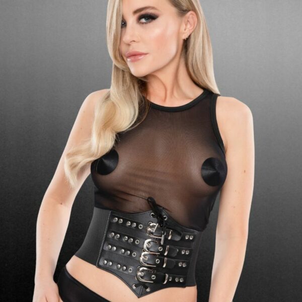 Kinky Diva Waist Cincher 4-Buckled Front – Black/Silver