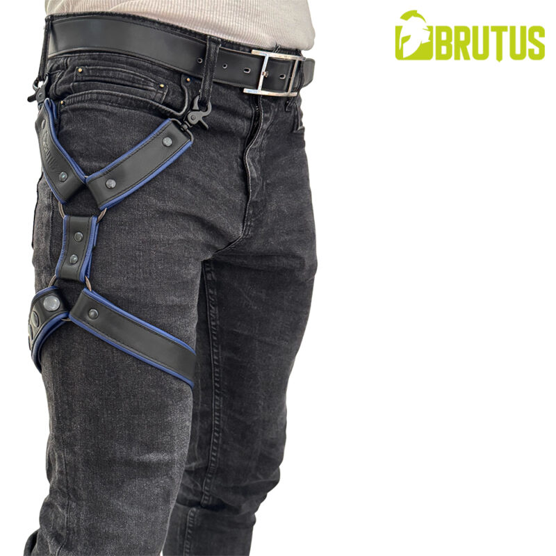 blue leather leg harness